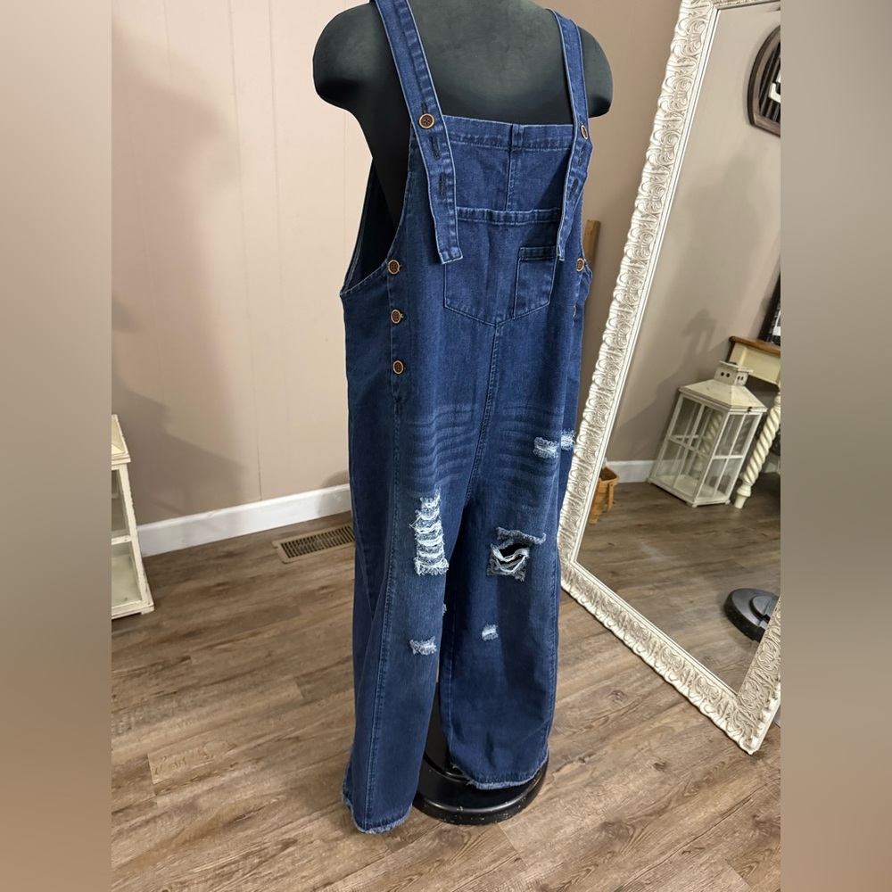 Wide Leg Distressed Oversized Jean Overalls - Picture 13 of 14